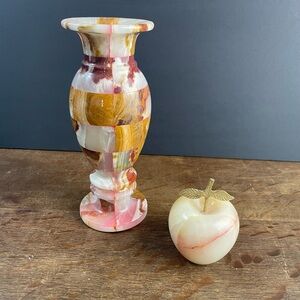 Pink onyx stone vase & onyx apple brass stem - checkered pink vase marble accent